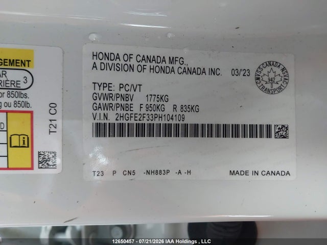 Продажа на аукционе авто 2023 Honda Civic, vin: 2HGFE2F33PH104109, номер лота: 12650457