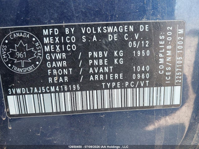 12650458 :رقم المزاد ، 3VWDL7AJ5CM416195 vin ، 2012 Volkswagen Jetta 2.0 Tdi Comfortline مزاد بيع