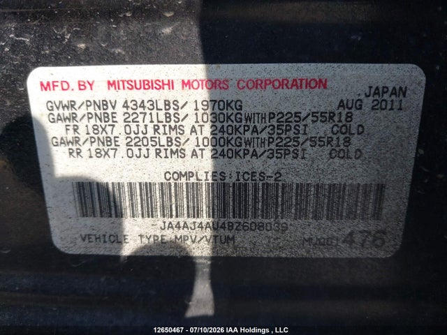 Aukcja sprzedaży 2011 Mitsubishi Rvr Gt, vin: JA4AJ4AU4BZ608039, numer aukcji: 12650467