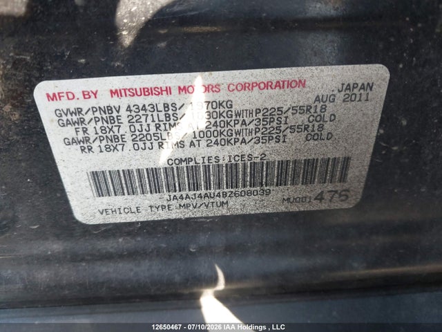 Aukcja sprzedaży 2011 Mitsubishi Rvr Gt, vin: JA4AJ4AU4BZ608039, numer aukcji: 12650467