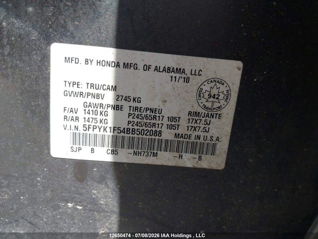 Продаж на аукціоні авто 2011 Honda Ridgeline Ex-l/vp, vin: 5FPYK1F54BB502088, номер лоту: 12650474