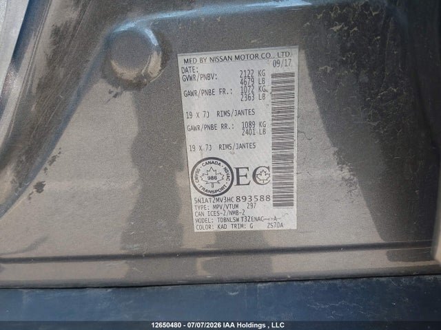 Продажа на аукционе авто 2017 Nissan Rogue Sv/sl, vin: 5N1AT2MV3HC893588, номер лота: 12650480