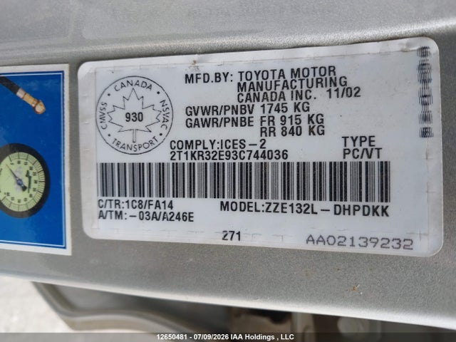 Продаж на аукціоні авто 2003 Toyota Corolla Matrix Xr, vin: 2T1KR32E93C744036, номер лоту: 12650481