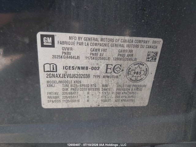Aukcja sprzedaży 2018 Chevrolet Equinox Lt, vin: 2GNAXJEV0J6202038, numer aukcji: 12650487