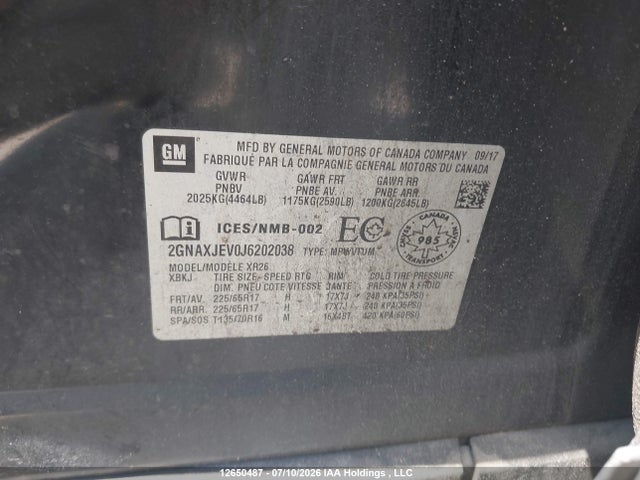 Aukcja sprzedaży 2018 Chevrolet Equinox Lt, vin: 2GNAXJEV0J6202038, numer aukcji: 12650487
