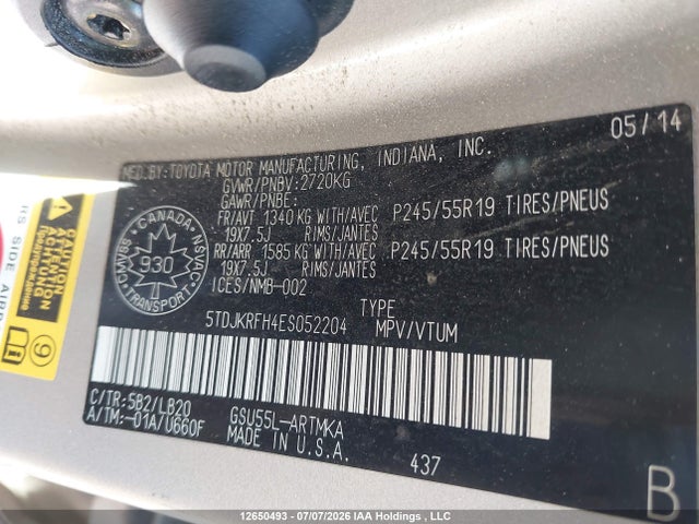12650493 :رقم المزاد ، 5TDJKRFH4ES052204 vin ، 2014 Toyota Highlander Xle مزاد بيع