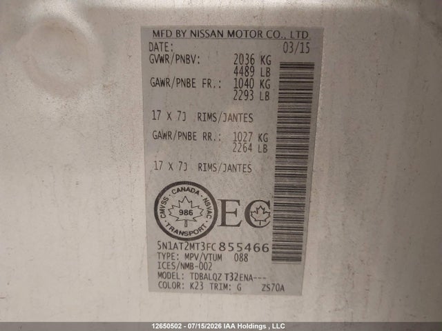Aukcja sprzedaży 2015 Nissan Rogue, vin: 5N1AT2MT3FC855466, numer aukcji: 12650502