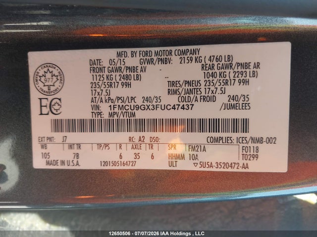 Ford ESCAPE SE 2015 1FMCU9GX3FUC47437 Image 19