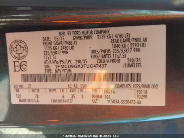 Ford ESCAPE SE 2015 1FMCU9GX3FUC47437 Image 9