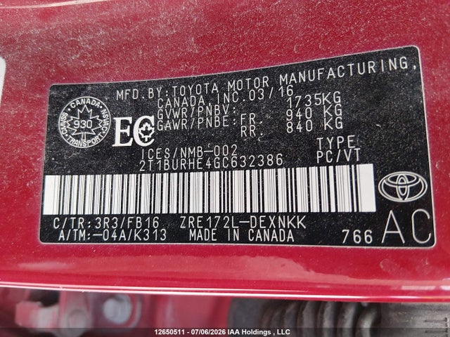 Toyota COROLLA LE 2016 2T1BURHE4GC632386 Image 9