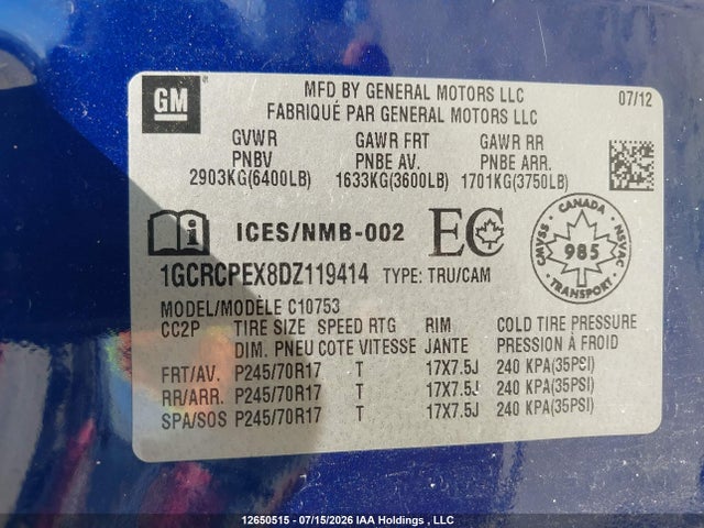 12650515 :رقم المزاد ، 1GCRCPEX8DZ119414 vin ، 2013 Chevrolet Silverado 1500 Wt مزاد بيع