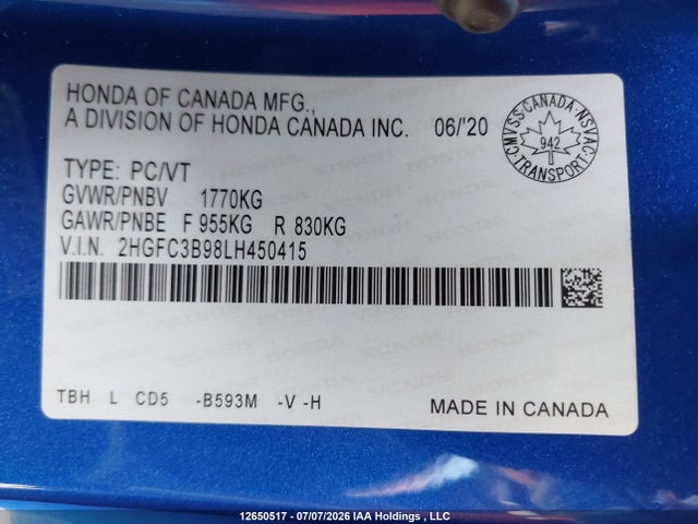 Honda Civic Touring 2020 2HGFC3B98LH450415 Image 9