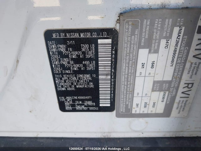 Aukcja sprzedaży 2011 Infiniti Qx56, vin: JN8AZ2NE4B9004971, numer aukcji: 12650524