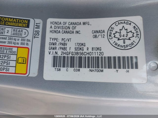 Продажа на аукционе авто 2012 Honda Civic Lx, vin: 2HGFG3B56CH011120, номер лота: 12650528
