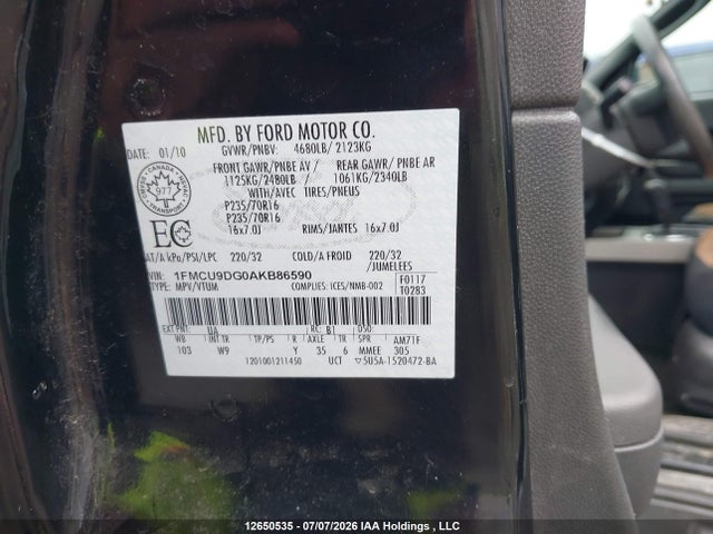 Продаж на аукціоні авто 2010 Ford Escape Xlt, vin: 1FMCU9DG0AKB86590, номер лоту: 12650535