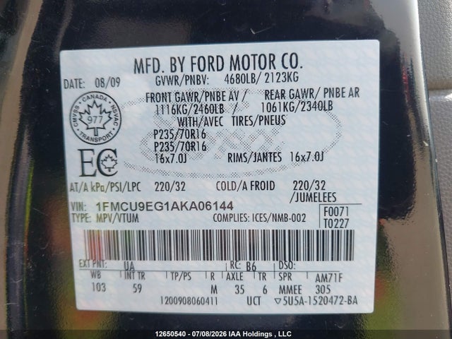 12650540 :رقم المزاد ، 1FMCU9EG1AKA06144 vin ، 2010 Ford Escape Limited مزاد بيع