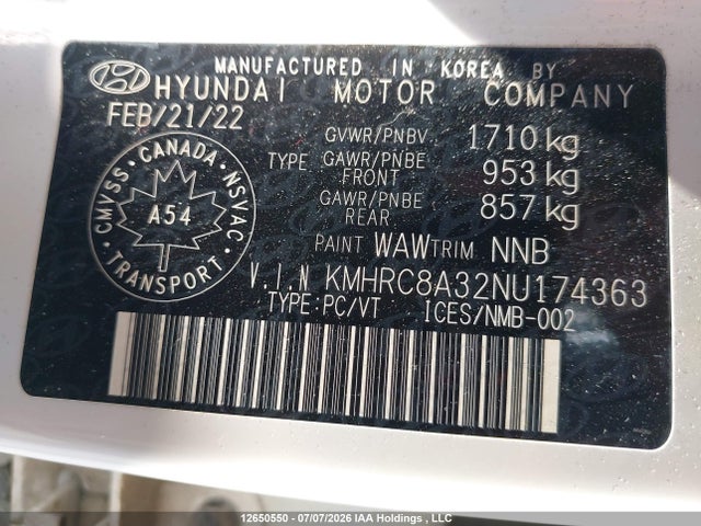 Aukcja sprzedaży 2022 Hyundai Venue Sel/limited, vin: KMHRC8A32NU174363, numer aukcji: 12650550