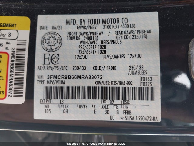 Продаж на аукціоні авто 2021 Ford Bronco Sport Big Bend, vin: 3FMCR9B66MRA83072, номер лоту: 12650554