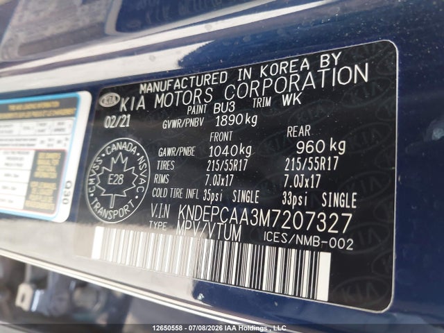 12650558 :رقم المزاد ، KNDEPCAA3M7207327 vin ، 2021 Kia Seltos Lx مزاد بيع