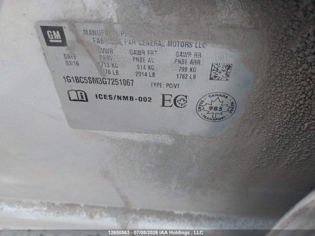 Aukcja sprzedaży 2016 Chevrolet Cruze Ls, vin: 1G1BC5SM3G7251067, numer aukcji: 12650563