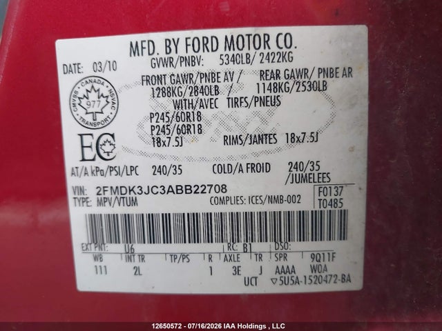 12650572 :رقم المزاد ، 2FMDK3JC3ABB22708 vin ، 2010 Ford Edge Sel مزاد بيع
