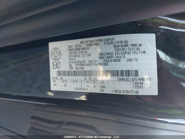 Продаж на аукціоні авто 2026 Ford Transit-250 Cargo, vin: 1FTBR1X83TKA56183, номер лоту: 12650575