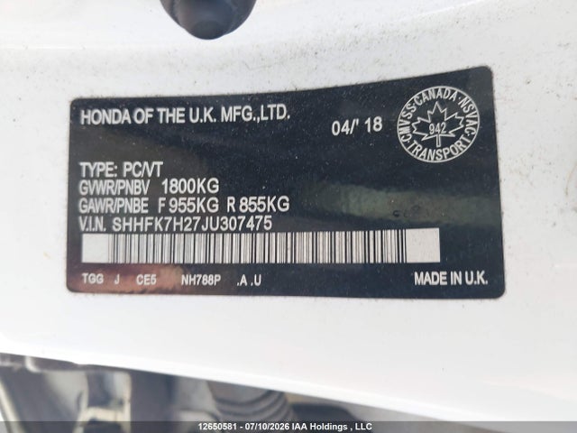 SHHFK7H27JU307475 Honda Civic Lx