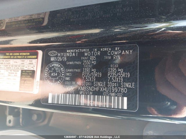 12650597 :رقم المزاد ، KM8SNDHFXHU199780 vin ، 2017 Hyundai Santa Fe Xl Limited مزاد بيع