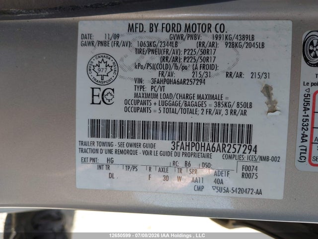12650599 :رقم المزاد ، 3FAHP0HA6AR257294 vin ، 2010 Ford Fusion Se مزاد بيع