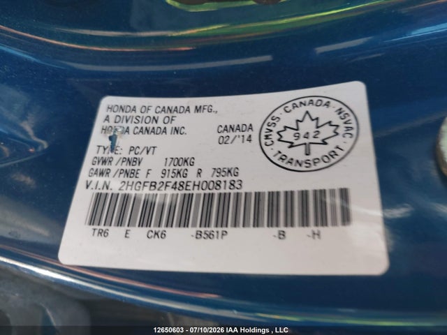 Aukcja sprzedaży 2014 Honda Civic Lx, vin: 2HGFB2F48EH008183, numer aukcji: 12650603