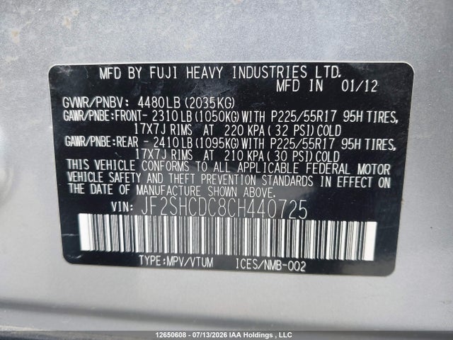 Aukcja sprzedaży 2012 Subaru Forester 2.5x Premium, vin: JF2SHCDC8CH440725, numer aukcji: 12650608