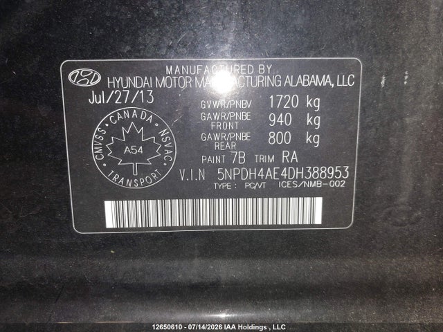 2013 Hyundai Elantra Gl მანქანა იყიდება აუქციონზე, vin: 5NPDH4AE4DH388953, აუქციონის ნომერი: 12650610