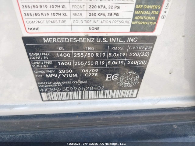 2009 Mercedes-benz M Class მანქანა იყიდება აუქციონზე, vin: 4JGBB25E99A528402, აუქციონის ნომერი: 12650623