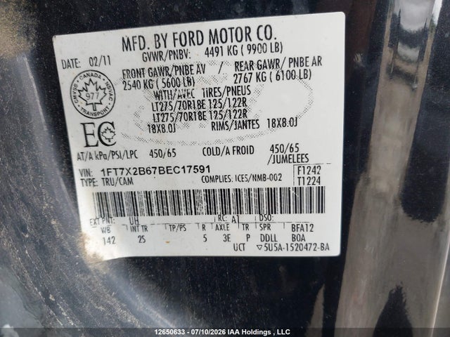 12650633 :رقم المزاد ، 1FT7X2B67BEC17591 vin ، 2011 Ford F250 Super Duty مزاد بيع