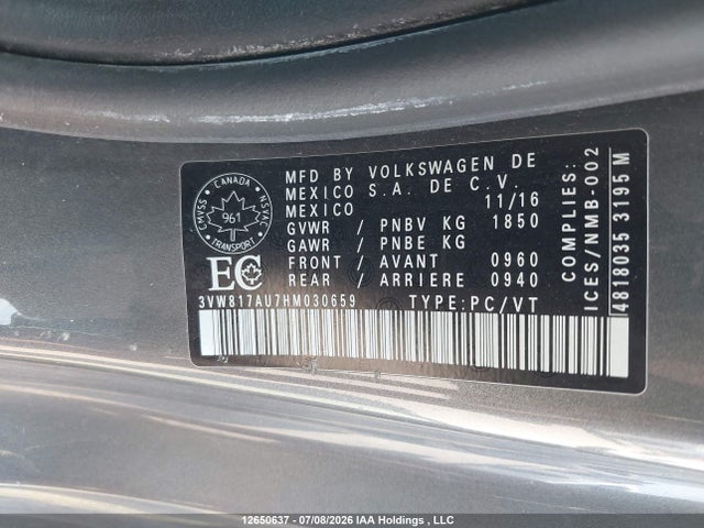 Продаж на аукціоні авто 2017 Volkswagen Golf 1.8 Tsi Trendline, vin: 3VW817AU7HM030659, номер лоту: 12650637