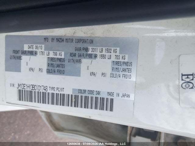 12650638 :رقم المزاد ، JM1DE1HY3B0101748 vin ، 2011 Mazda Mazda2 Gs/gx مزاد بيع