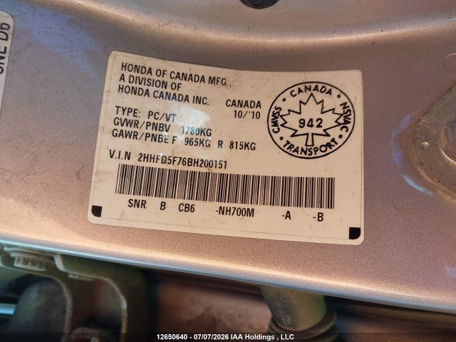Aukcja sprzedaży 2011 Acura Csx I-tech, vin: 2HHFD5F76BH200151, numer aukcji: 12650640