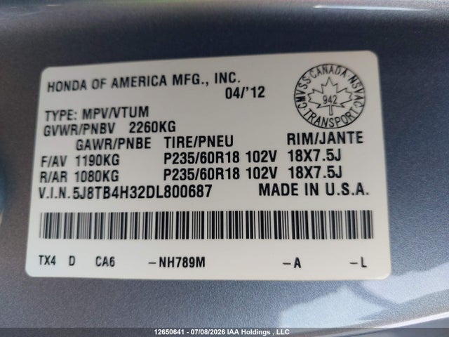 2013 Acura Rdx მანქანა იყიდება აუქციონზე, vin: 5J8TB4H32DL800687, აუქციონის ნომერი: 12650641