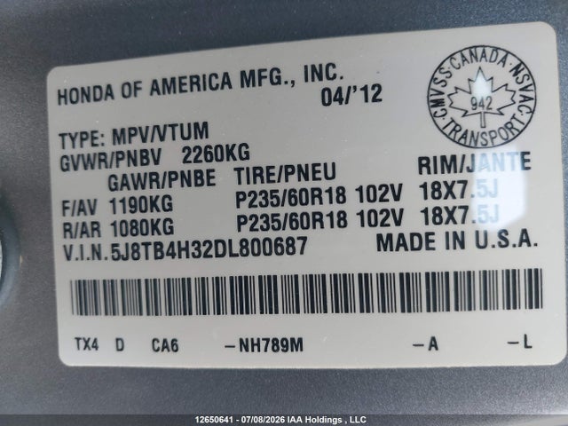 2013 Acura Rdx მანქანა იყიდება აუქციონზე, vin: 5J8TB4H32DL800687, აუქციონის ნომერი: 12650641