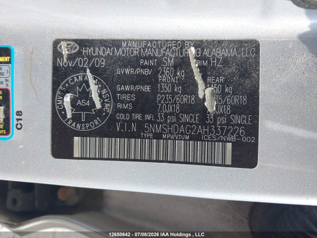 2010 Hyundai Santa Fe Limited 3.5 მანქანა იყიდება აუქციონზე, vin: 5NMSHDAG2AH337226, აუქციონის ნომერი: 12650642