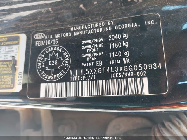 12650644 :رقم المزاد ، 5XXGT4L3XGG050934 vin ، 2016 Kia Optima Lx/lx+ مزاد بيع