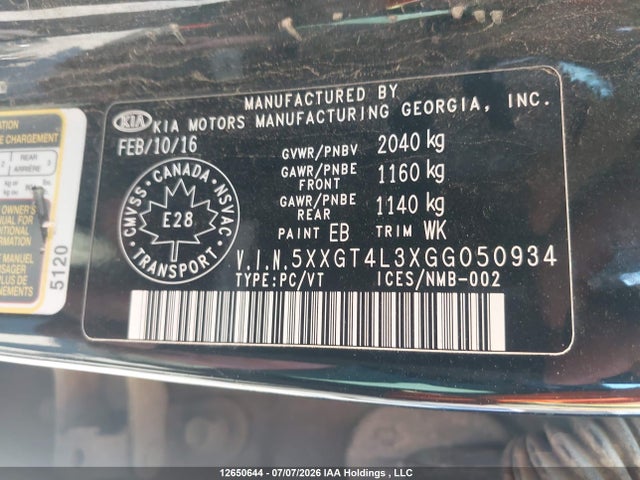 12650644 :رقم المزاد ، 5XXGT4L3XGG050934 vin ، 2016 Kia Optima Lx/lx+ مزاد بيع