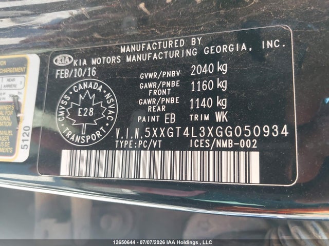 12650644 :رقم المزاد ، 5XXGT4L3XGG050934 vin ، 2016 Kia Optima Lx/lx+ مزاد بيع