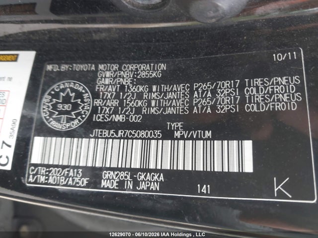 2012 Toyota 4runner Sr5 V6 მანქანა იყიდება აუქციონზე, vin: JTEBU5JR7C5080035, აუქციონის ნომერი: 12629070