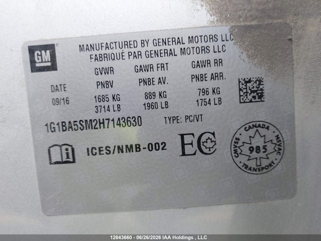 12643660 :رقم المزاد ، 1G1BA5SM2H7143630 vin ، 2017 Chevrolet Cruze L Manual مزاد بيع