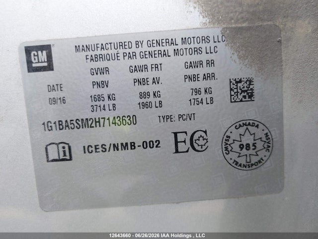 12643660 :رقم المزاد ، 1G1BA5SM2H7143630 vin ، 2017 Chevrolet Cruze L Manual مزاد بيع