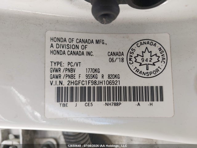 Honda Civic Touring 2018 2HGFC1F98JH106921 Image 9