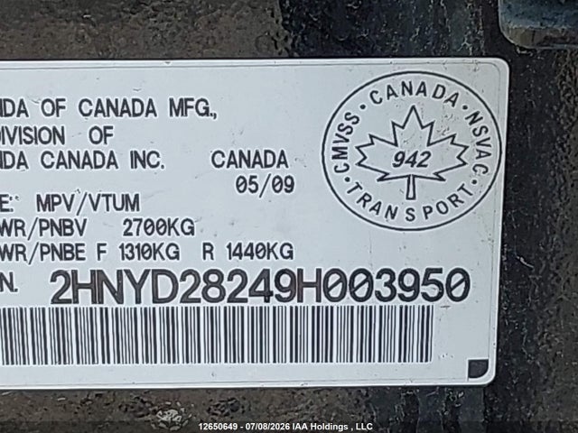 12650649 :رقم المزاد ، 2HNYD28249H003950 vin ، 2009 Acura Mdx مزاد بيع