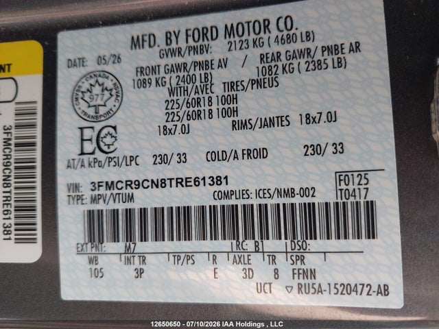 12650650 :رقم المزاد ، 3FMCR9CN8TRE61381 vin ، 2026 Ford Bronco Sport Outer Banks مزاد بيع