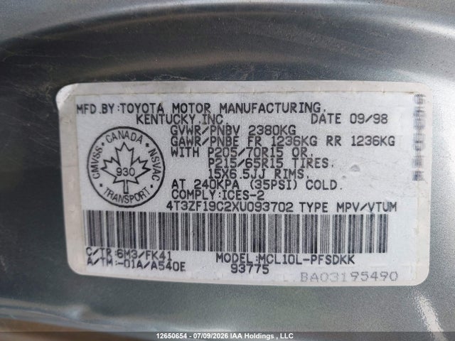 Продаж на аукціоні авто 1999 Toyota Sienna Ce, vin: 4T3ZF19C2XU093702, номер лоту: 12650654